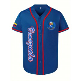 Classic Letter Embroidery, Men'S Short Sleeve V-neck Baseball Jersey, Comfy Top For Training And Competition