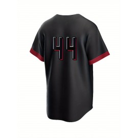 Men'S Black # 44 Baseball Shirt with Classic Letter Embroidery Design, Breathable Button Style Short Sleeved Shirt, Suitable for Training And Games