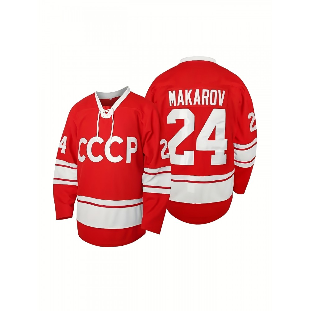 Men'S #24 Red Embroidered Ice Hockey Jersey, Polyester V-Neck Long Sleeve Sports Shirt, Slight Stretch Knit Fabric, Universal Fit, for Casual & Athletic Wear, Four Seasons