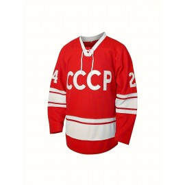 Men'S #24 Red Embroidered Ice Hockey Jersey, Polyester V-Neck Long Sleeve Sports Shirt, Slight Stretch Knit Fabric, Universal Fit, for Casual & Athletic Wear, Four Seasons