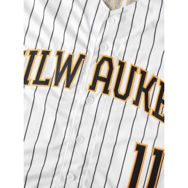 Men'S #11 White Full Embroidered Baseball Jersey, Black Polyester Sports Shirt, V-Neck