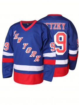 Men's #99 Blue Ice Hockey Jersey - Breathable Vintage Embroidered V-Neck Captain's Jersey with Striped Accents, Loose Fit for Sports, Casual & Outdoor Wear | All-Season Comfort, Machine Washable, Sports Comfort Clothing, Embroidered Detailing