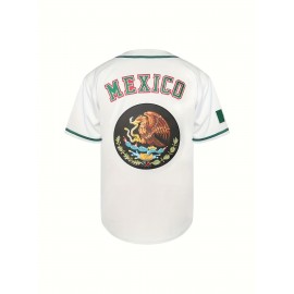 1pc Men'S Polyester V-Neck Baseball Jersey with Embroidered Mexican Design, Loose Fit Button-Up Top for Casual, Sports, Training, Hiking & Outdoor Activities, All-Season Comfort