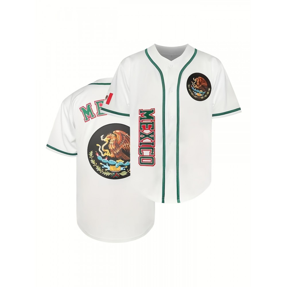 1pc Men'S Polyester V-Neck Baseball Jersey with Embroidered Mexican Design, Loose Fit Button-Up Top for Casual, Sports, Training, Hiking & Outdoor Activities, All-Season Comfort 1pc Men'S Polyester V-Neck Baseball Jersey with Embroidered Mexican Design, Loose Fit Button-Up Top for Casual, Sports, Training, Hiking & Outdoor Activities, All-Season Comfort