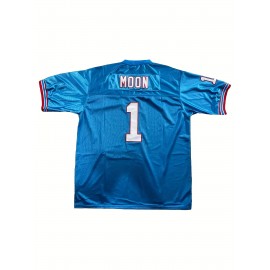 1pc Men'S Polyester V-Neck Rugby Shirt with Embroidered Moon & Number 1 - Loose Fit Knit Fabric Top for Training, Sports, Casual Wear - All Seasons Comfort