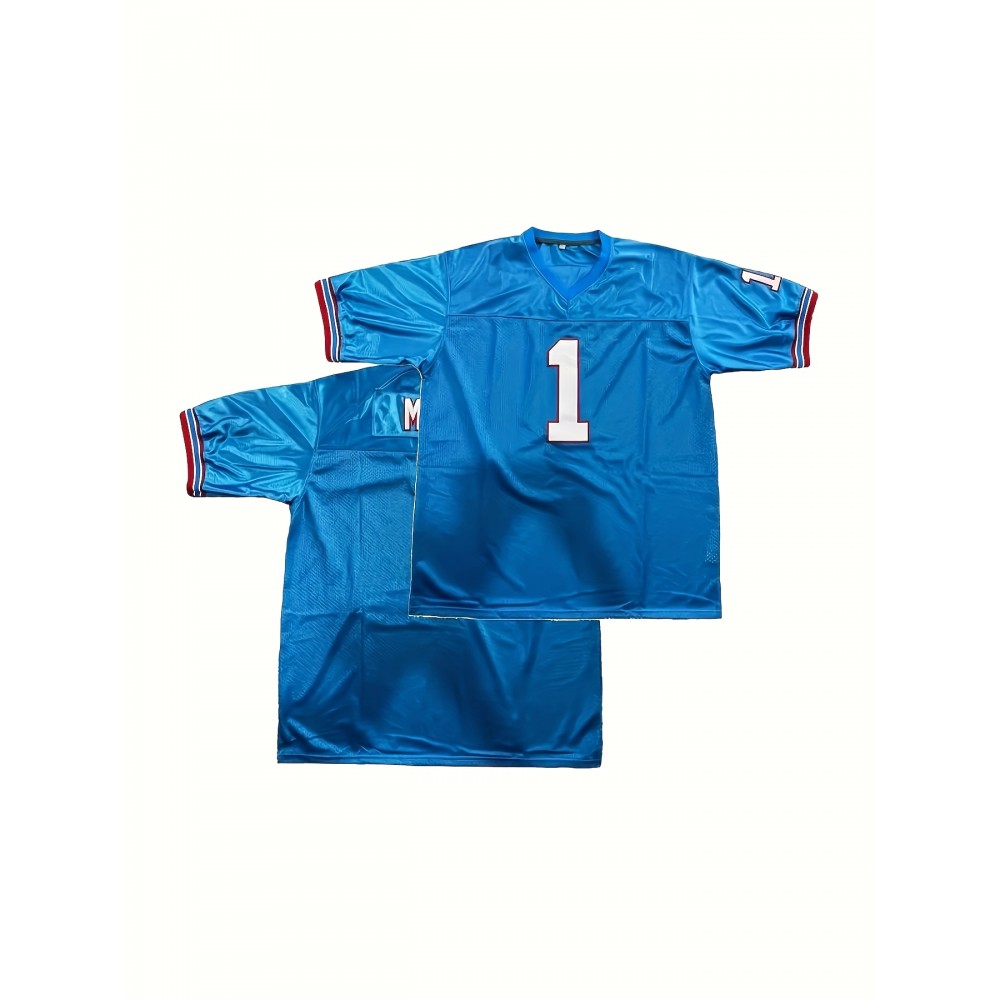 1pc Men'S Polyester V-Neck Rugby Shirt with Embroidered Moon & Number 1 - Loose Fit Knit Fabric Top for Training, Sports, Casual Wear - All Seasons Comfort 1pc Men'S Polyester V-Neck Rugby Shirt with Embroidered Moon & Number 1 - Loose Fit Knit Fabric Top for Training, Sports, Casual Wear - All Seasons Comfort