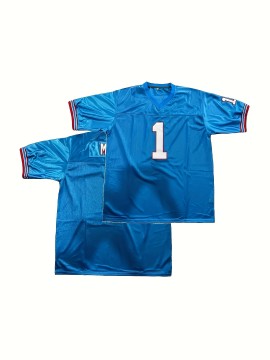 1pc Men'S Polyester V-Neck Rugby Shirt with Embroidered Moon & Number 1 - Loose Fit Knit Fabric Top for Training, Sports, Casual Wear - All Seasons Comfort