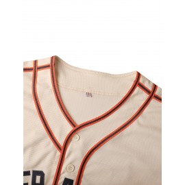 Men's Retro Classic Baseball Jersey #51 - Beige with Red & Blue Accents, Embroidered San Francisco & Number, Breathable V-Neck Button-Up Loose Fit for Training, Competition, Casual & Holiday Wear, Sports Apparel | Sporty Vneck | Embroidered Detailing