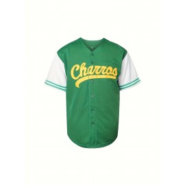 1pc Churros Embroidered Baseball Jersey, Men'S Polyester V-Neck Shirt with Slight Stretch, Loose Fit Sports Top for Casual, Training, Hiking & Outdoor Activities, Button Closure - Universal Fit for Teens & Adults