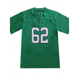 Men'S Embroidered #62 Green Football Jersey, Polyester V-neck Sports Jersey, Slight Stretch Knit Fabric, Loose Fit, for Casual, Running, Training, Hiking, Adult & Teen, Four Seasons Wear