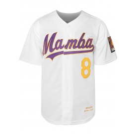 Men's #24 Mamba Embroidered Baseball Jersey - White & Purple, V-Neck, Button-Up, Breathable Polyester, Perfect for Sports, Training, and Casual Wear, Training Apparel | Sporty Look | Embroidered Detailing