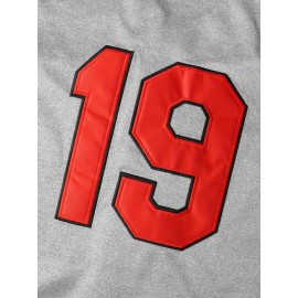 Men'S # 19 Gray V-neck Baseball Shirt, Breathable Polyester Fiber Loose Sports Top With Slight Elasticity, Suitable For Training, Hiking, And Casual Wear S-3XL