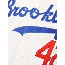 Men'S # 42 White V-neck Baseball Jersey Polyester Sports Shirt Loose Fit With Button Closure Suitable For Casual And Sportswear, Daily Casual Training In Spring, Summer, Autumn, Team Sports S-3XL