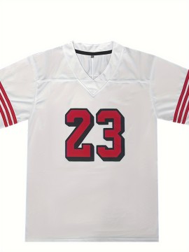 Men's White #23 Breathable Rugby Shirt - Embroidered American Football Design, V-Neck Short Sleeve Training Top with Red Accents, Loose Fit for Sports, Casual & Outdoor Activities, Rugby Jersey