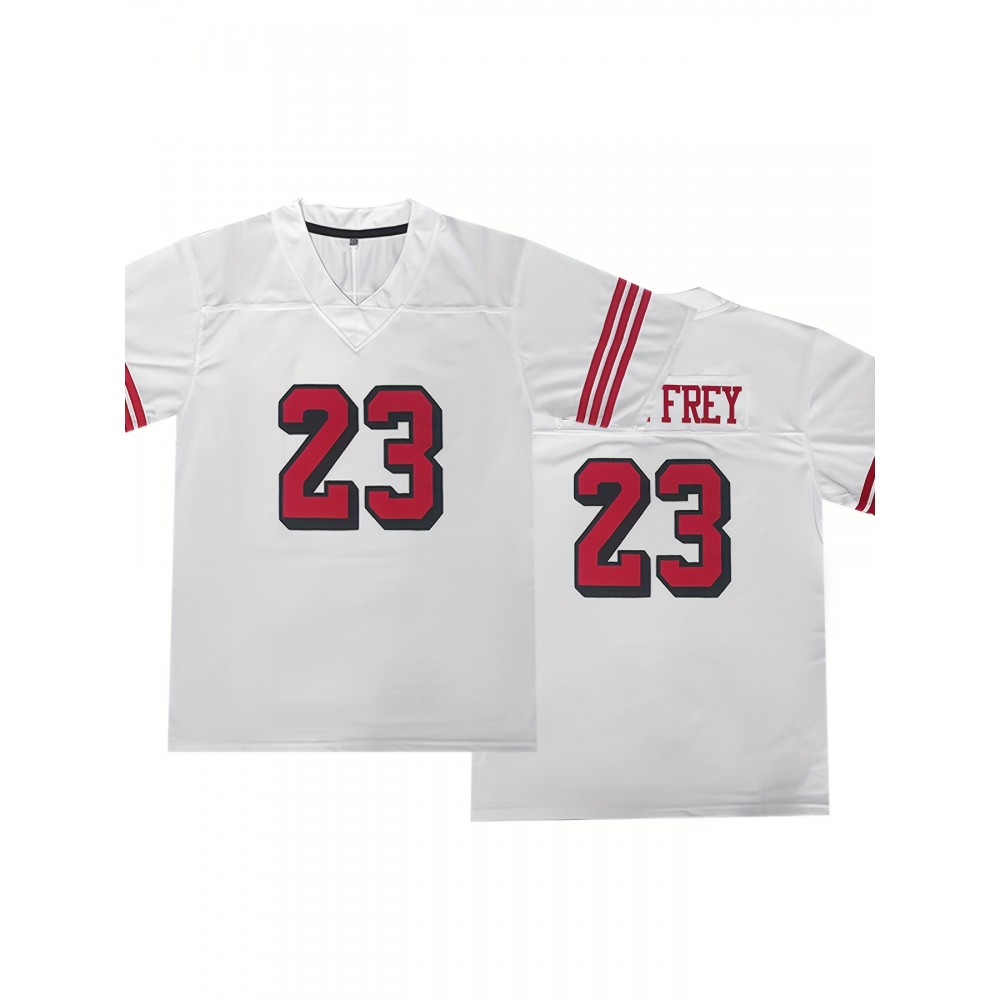 Men's White #23 Breathable Rugby Shirt - Embroidered American Football Design, V-Neck Short Sleeve Training Top with Red Accents, Loose Fit for Sports, Casual & Outdoor Activities, Rugby Jersey Men's White #23 Breathable Rugby Shirt - Embroidered American Football Design, V-Neck Short Sleeve Training Top with Red Accents, Loose Fit for Sports, Casual & Outdoor Activities, Rugby Jersey