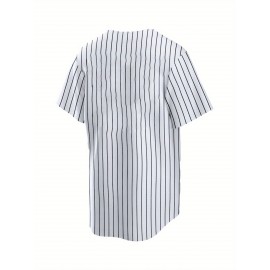 Men'S White Striped Baseball Shirt with Classic Letter Embroidery Design, Breathable Button Style Short Sleeved Shirt, Suitable for Training And Competition