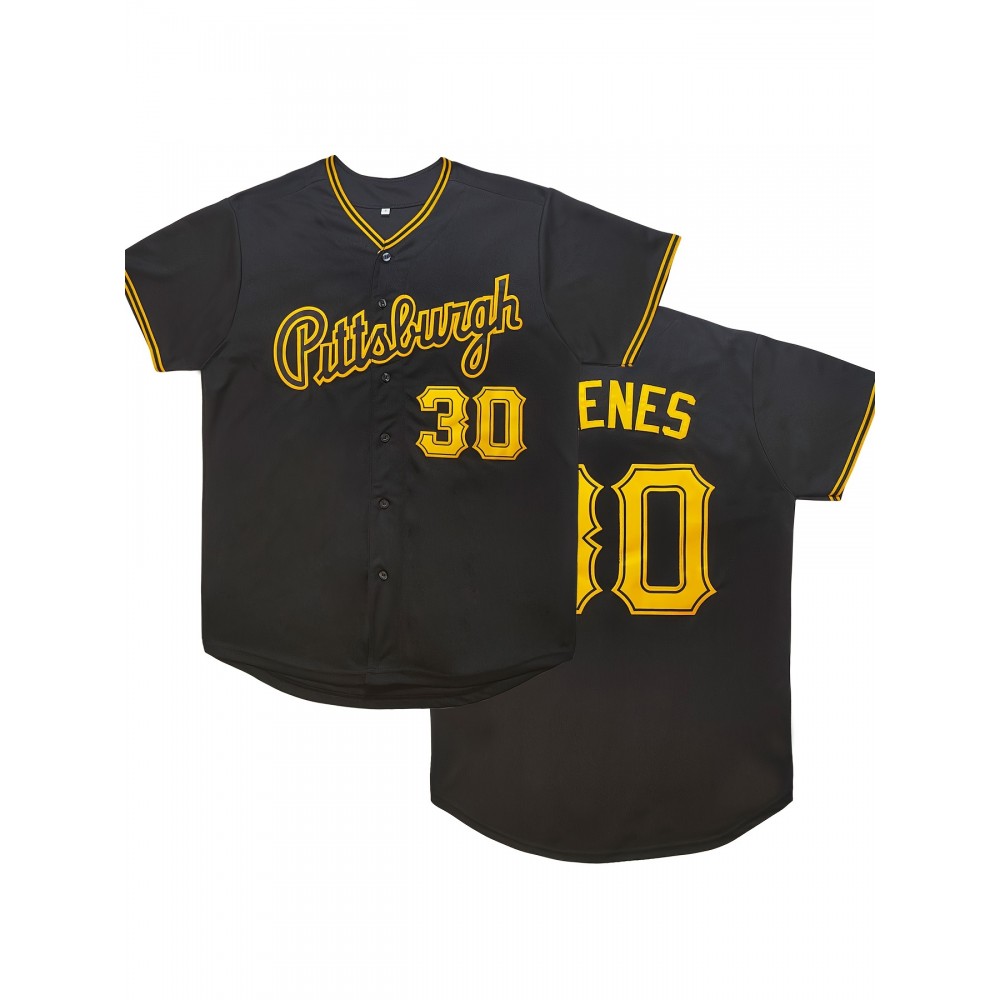 Men'S #30 Pittsburgh Black Baseball Jersey - Classic Retro Embroidered Lettering, Breathable Short Sleeve V-Neck Sports Shirt For Casual & Party Wear Men'S #30 Pittsburgh Black Baseball Jersey - Classic Retro Embroidered Lettering, Breathable Short Sleeve V-Neck Sports Shirt For Casual & Party Wear