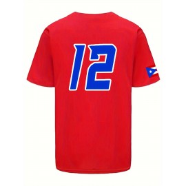 Men's PUERTO RICO Red #12 Baseball Jersey - Retro V-Neck Breathable Short Sleeve Shirt, Loose Fit for Training, Competition & Casual Wear, All-Season Comfort, Puerto Rico Shirt, Sports Apparel, Sporty Vneck Tee, Machine Washable Fabric