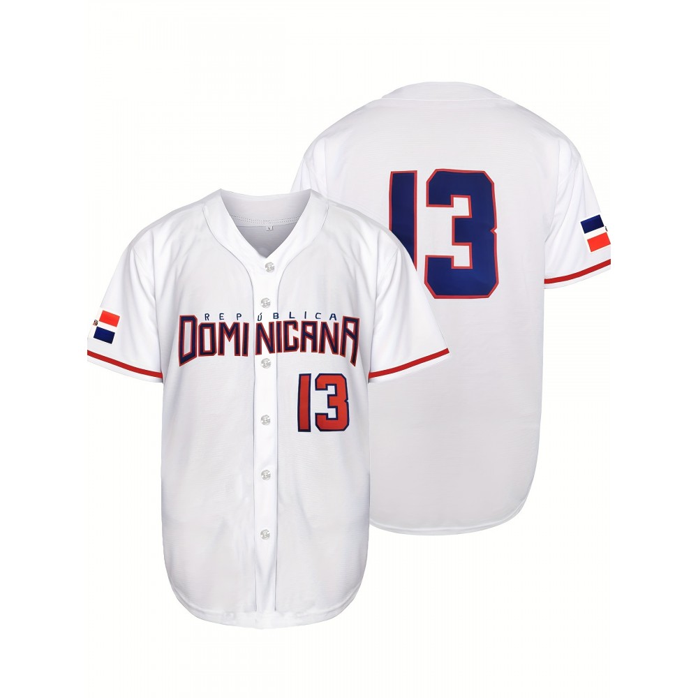 Men'S Dominican #13 White Baseball Jersey - Classic Retro Design, Breathable Polyester Short Sleeve Shirt for Sports, Training & Casual Wear Men'S Dominican #13 White Baseball Jersey - Classic Retro Design, Breathable Polyester Short Sleeve Shirt for Sports, Training & Casual Wear