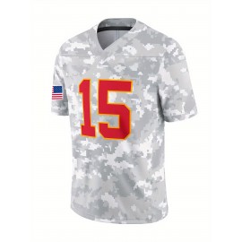 Men's #15 Retro Grey Camo Sport Jersey - Breathable V-Neck Short Sleeve with USA Flag Patch & MES, Loose Fit for Training, Casual Wear, Outdoor Activities & Holidays, Comfortable Sports Apparel, Best for Christmas, Perfect for Thanksgiving