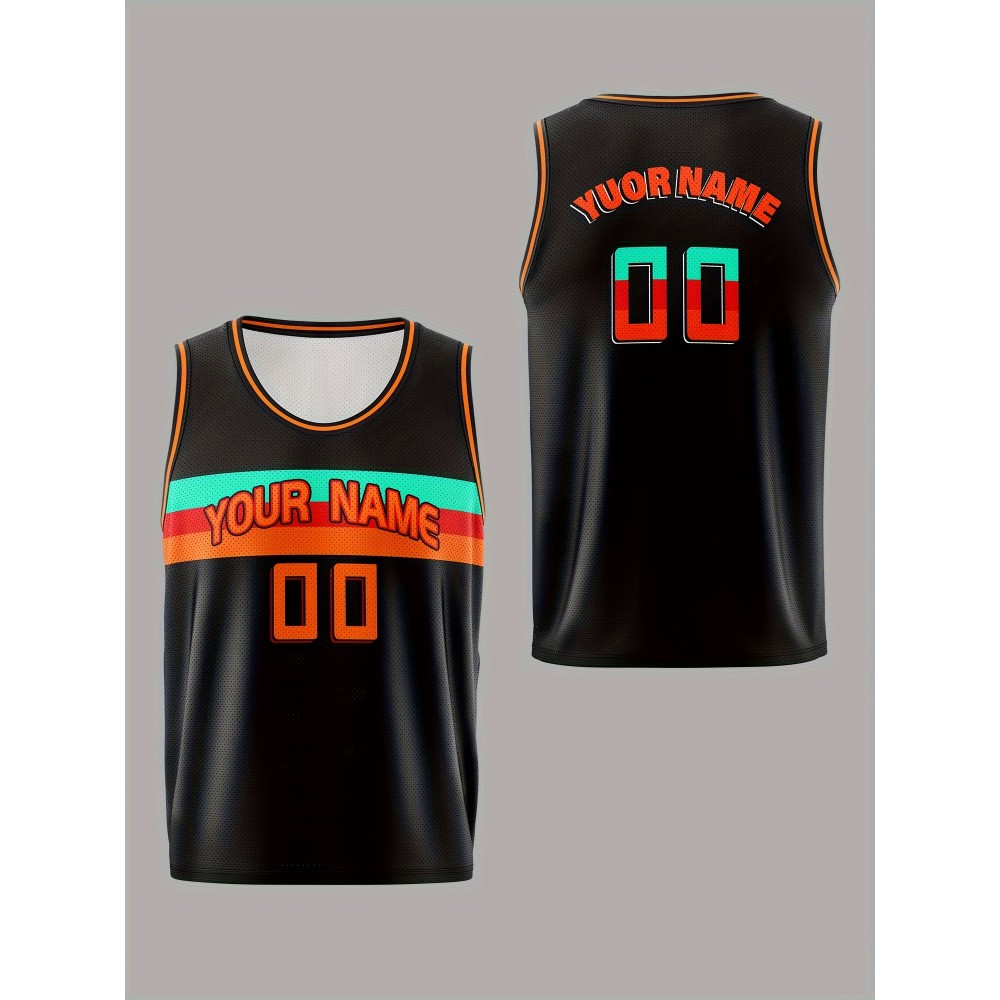 Boys Loose & Breathable Custom Sleeveless Basketball Jersey Shirt, Personalized Colorful Striped Top For Sports & Exercise Boys Loose & Breathable Custom Sleeveless Basketball Jersey Shirt, Personalized Colorful Striped Top For Sports & Exercise