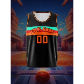 Boys Loose & Breathable Custom Sleeveless Basketball Jersey Shirt, Personalized Colorful Striped Top For Sports & Exercise