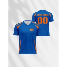1pc Customizable V-Neck Soccer Jersey for Kids - 100% Polyester Knit Fabric, All-Over Print, Personalized Name & Number, Regular Fit for Boys & Girls, Ideal for Sports, Casual Wear & Outdoor Activities - Spring/Summer/Fall Collection