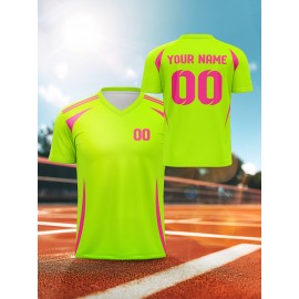 1pc Customizable V-Neck Soccer Jersey for Kids - 100% Polyester Knit Fabric, All-Over Print, Personalized Name & Number, Regular Fit for Boys & Girls, Ideal for Sports, Casual Wear & Outdoor Activities - Spring/Summer/Fall Collection
