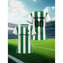 Custom Soccer Jersey Personalized with Name & Number - Green & White Striped Football Shirt, Non-Stretch Fabric for Soccer, Baseball, Gym, Team Uniforms - Custom Sports Apparel for Players & Fans, Outdoor Sports Gear, Striped Design, Summer Sportswear