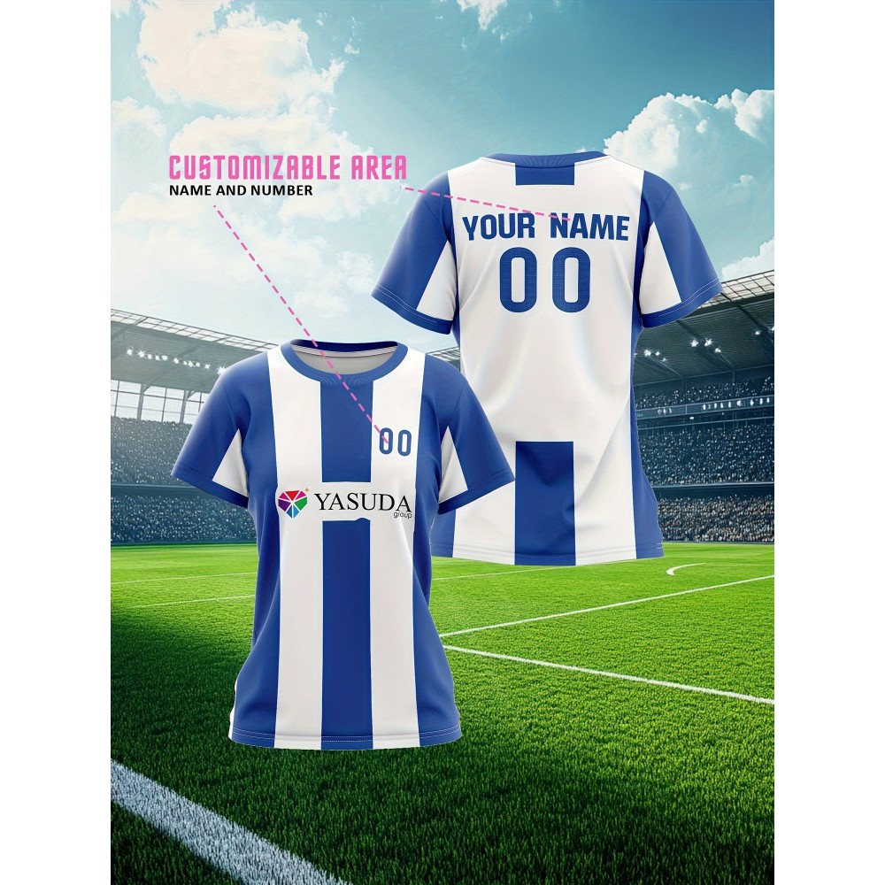 Customizable Women'S Soccer Jersey - Personalized Team & Number, Breathable Quick-Dry Athletic Shirt for Training, Fitness, and Casual Wear, Blue & White Striped Design with YASUDA Logo, Soccer Accessories, PLUS SIZE Customizable Women'S Soccer Jersey - Personalized Team & Number, Breathable Quick-Dry Athletic Shirt for Training, Fitness, and Casual Wear, Blue & White Striped Design with YASUDA Logo, Soccer Accessories, PLUS SIZE