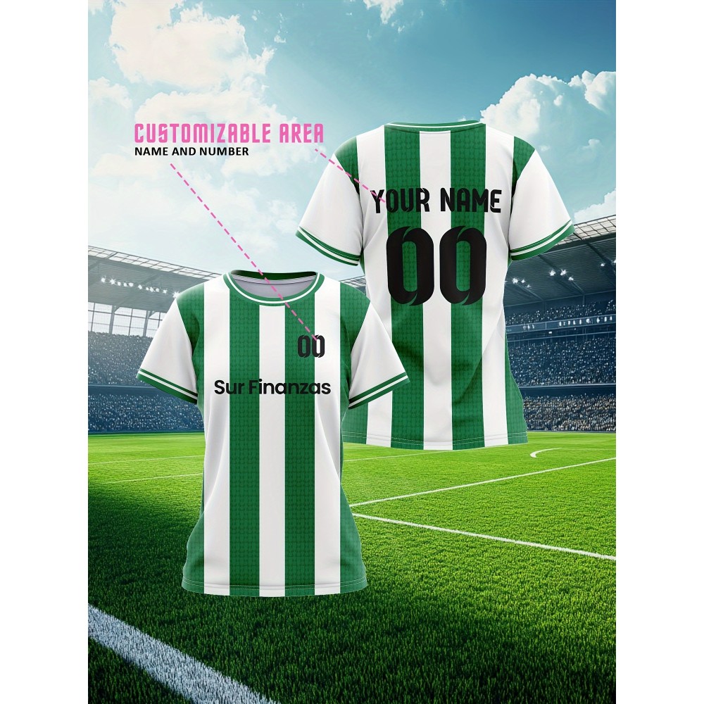 Custom Soccer Jersey Personalized with Name & Number - Green & White Striped Football Shirt, Non-Stretch Fabric for Soccer, Baseball, Gym, Team Uniforms - Custom Sports Apparel for Players & Fans, Outdoor Sports Gear, Striped Design, Summer Sportswear Custom Soccer Jersey Personalized with Name & Number - Green & White Striped Football Shirt, Non-Stretch Fabric for Soccer, Baseball, Gym, Team Uniforms - Custom Sports Apparel for Players & Fans, Outdoor Sports Gear, Striped Design, Summer Sportswear